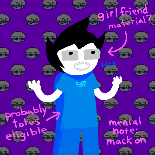 a cartoon character with a purple background and the words " girlfriend material "