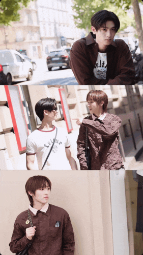 a man wearing a shirt that says ' celine ' on it stands next to another man