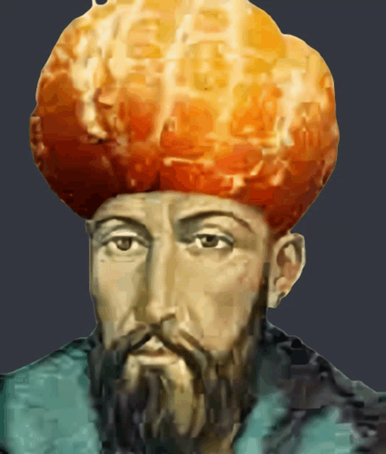 a painting of a man with a beard and an orange turban