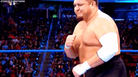 a shirtless wrestler is standing in a wrestling ring with a crowd in the background