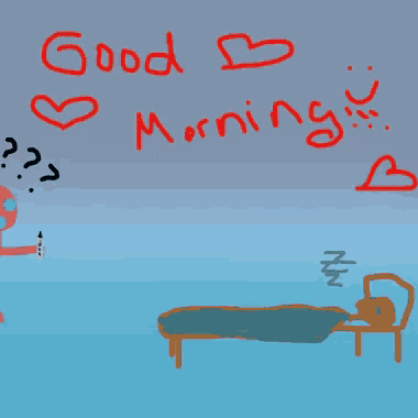 a drawing of a person laying in a bed with the words good morning written in red