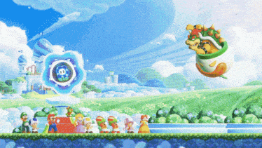a video game scene with bowser flying through the air and a castle in the background