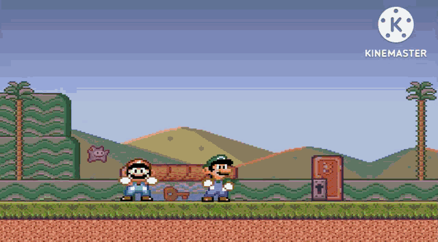 a video game screen shows mario and luigi standing next to each other and the words kinemaster at the bottom