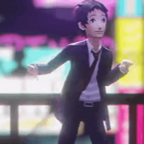a man in a suit and tie is dancing in front of a neon sign
