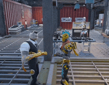 a screenshot of a video game shows a cat talking to a robot