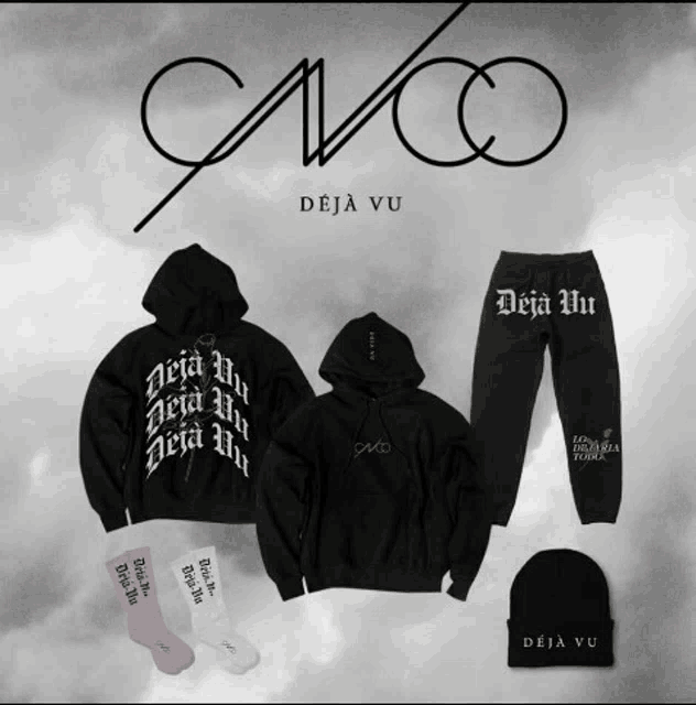 a collection of deja vu clothing including hoodies sweatpants socks and a beanie
