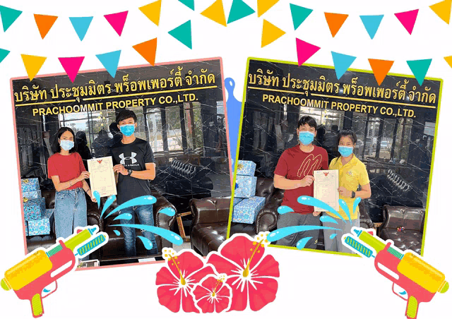 a group of people wearing masks in front of a sign that says prachoommit property co. , ltd.