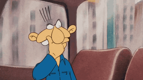 a cartoon man with a big nose is sitting in a car with his hand to his face