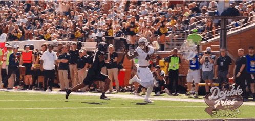 a football game is being played in front of a crowd and a sign that says double fries on it