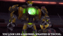 a robot with the words you look like a squirrel wrapped in tin foil below it