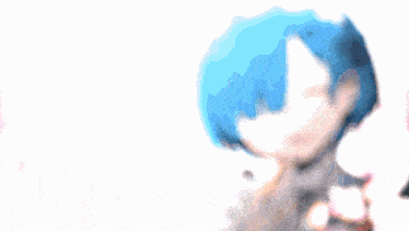 a cartoon girl with blue hair is holding a flower