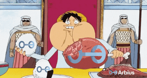 a cartoon of a man holding a large piece of meat with the words arbius on it