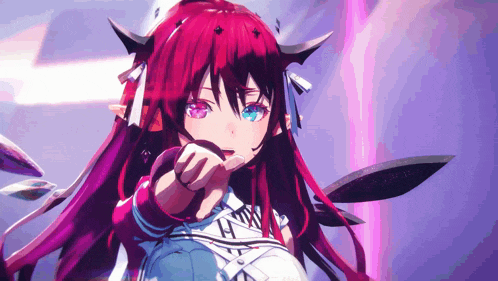 a girl with red hair and blue eyes is pointing her finger