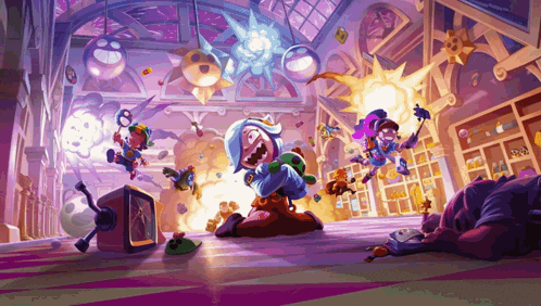 a group of cartoon characters are playing in a room with an explosion