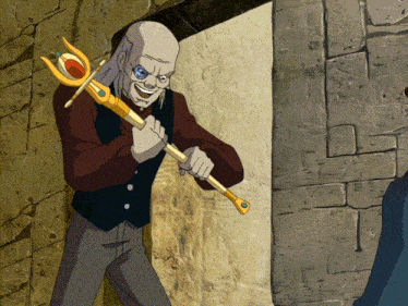 a cartoon character holding a cane with a red circle on it