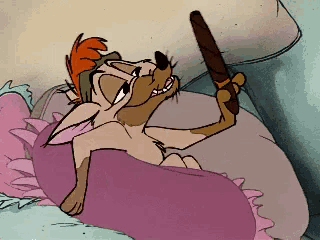 a cartoon dog laying on a bed holding a cigar