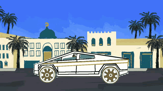 a drawing of a white car in front of a building