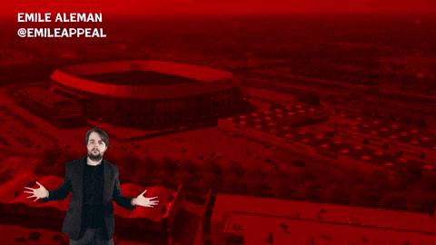 an advertisement for robin van persie with a man in front of a large stadium
