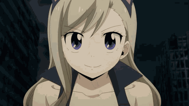 a blonde anime girl with blue eyes is smiling