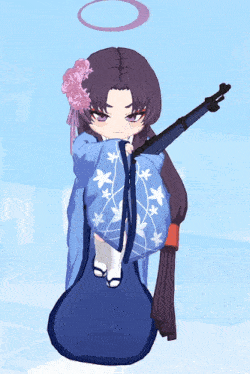 a girl in a blue kimono is holding a rifle