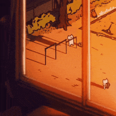 a cartoon drawing of a cat standing on a bar in a park