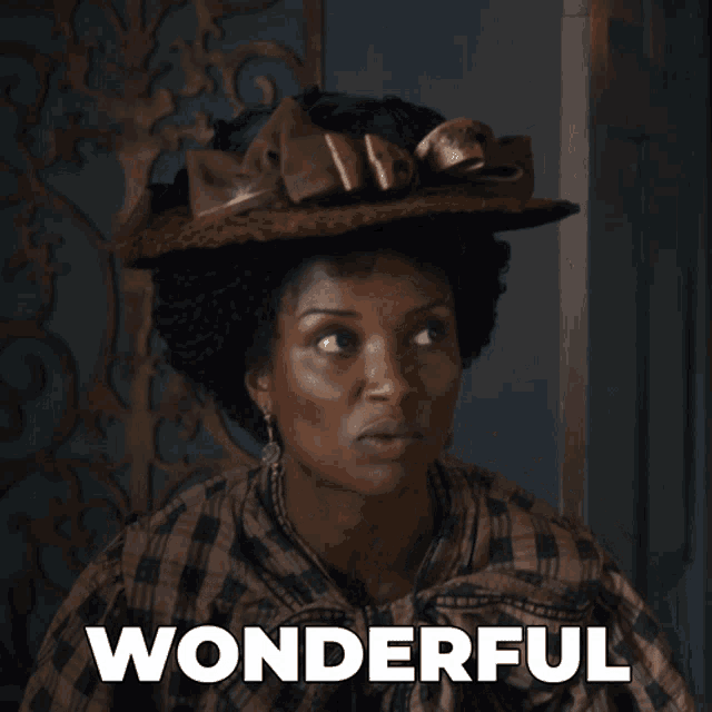 a woman wearing a plaid shirt and a hat is standing in front of a sign that says wonderful
