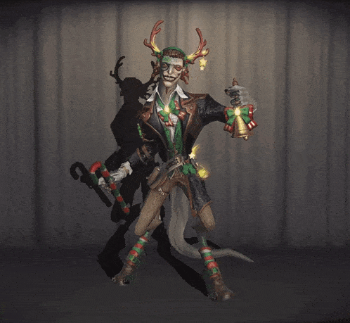 a man with antlers on his head is holding a bell and a sword