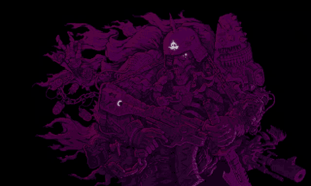 a purple and red drawing of a man with a gun and a helmet that says ' izumski ' on it