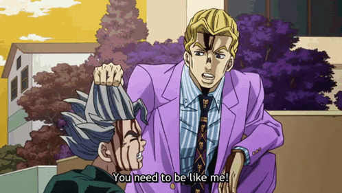 a man in a purple suit and tie is talking to another man who says you need to be like me