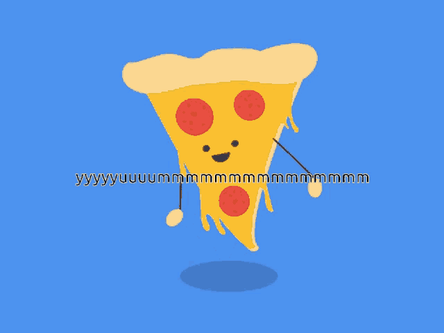 two slices of pizza with faces and arms on a blue background with the words " yyy " on the bottom
