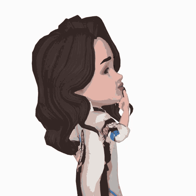 a cartoon drawing of a woman with dark hair and a white shirt