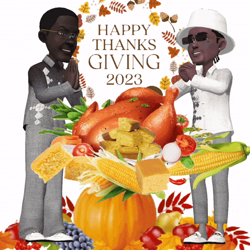 a cartoon of two men praying in front of a turkey and the words happy thanksgiving 2023
