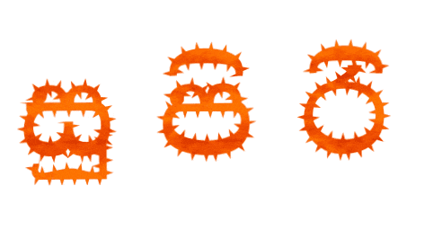 three orange circles with spikes on them and the letters a b and c on a white background