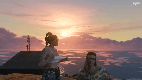 a man and a woman are standing in front of a sunset in a video game called grand theft auto v