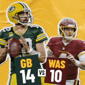 a green bay packers player holds a football next to a washington redskins player holding a sign that says gb 14 vs 10