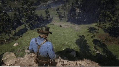 a man in a cowboy hat is standing on a rock in a video game