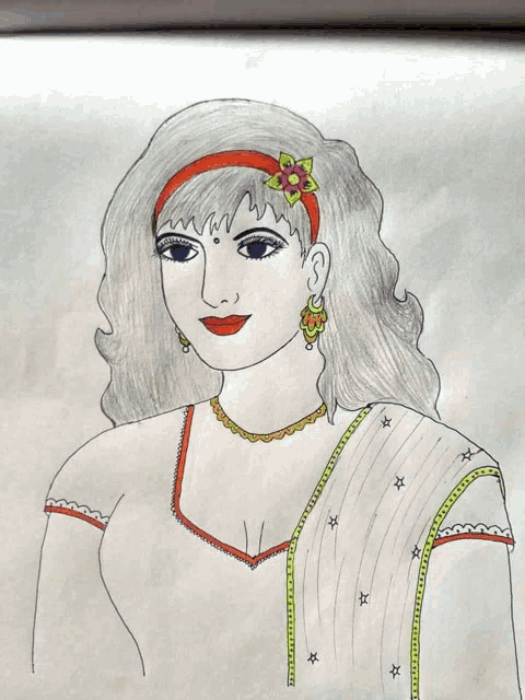 a drawing of a woman with a flower on her hair