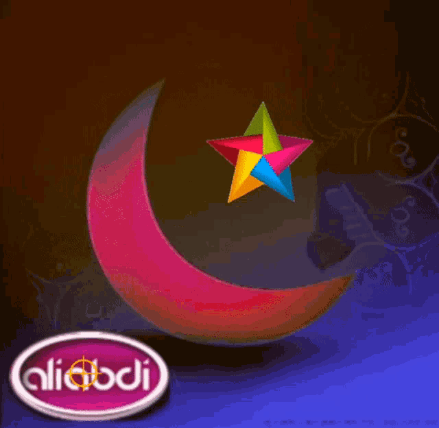 a colorful crescent moon with a colorful star above it and a purple aliabdi logo