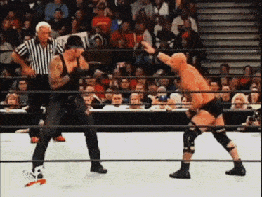 two wrestlers in a ring with a referee watching