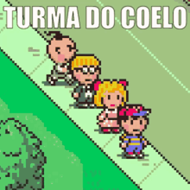 a pixel art of a group of kids standing on a sidewalk with the words turma do coelo written above them