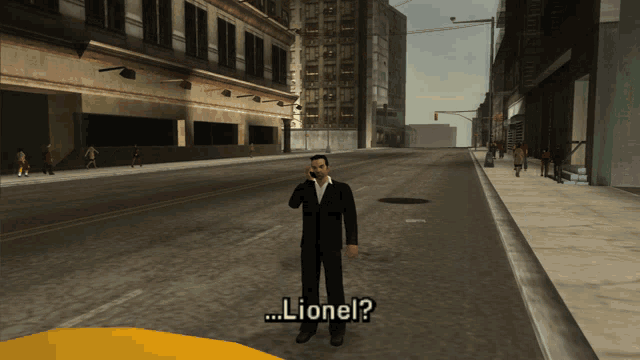 a man in a suit is talking on a cell phone and says ' lionel ' at the bottom