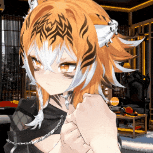 a girl with a tiger 's head and ears is wearing a chain around her neck