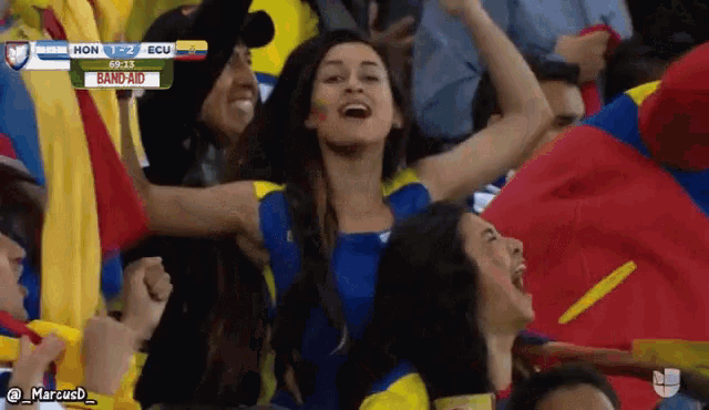 a crowd of people watching a soccer game with a banner that says band aid