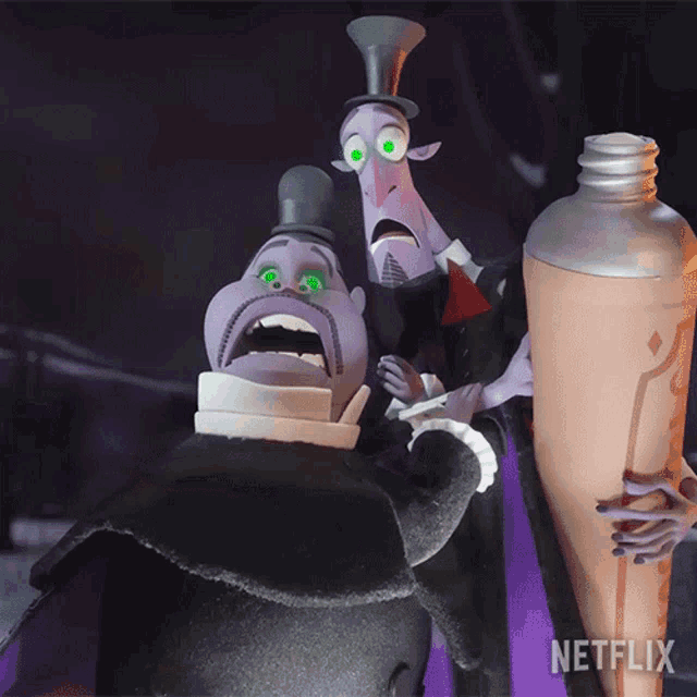 two cartoon characters with green eyes and a netflix logo