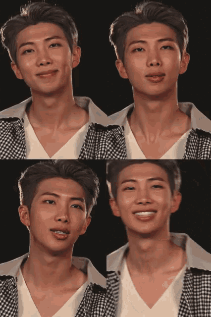 a collage of four pictures of a young man 's face with different expressions