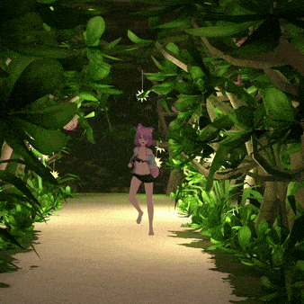 a girl in a bikini is walking through a jungle