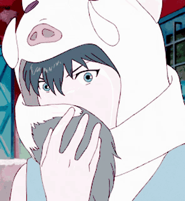 a cartoon character wearing a pig hat covering his face with his hand