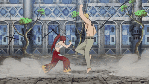 a man and a woman are fighting with swords in a video game