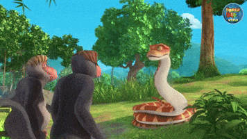 a cartoon scene with monkeys and a snake with the word jungle on the bottom