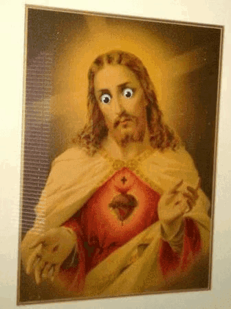 a painting of jesus with big eyes and a heart in his chest